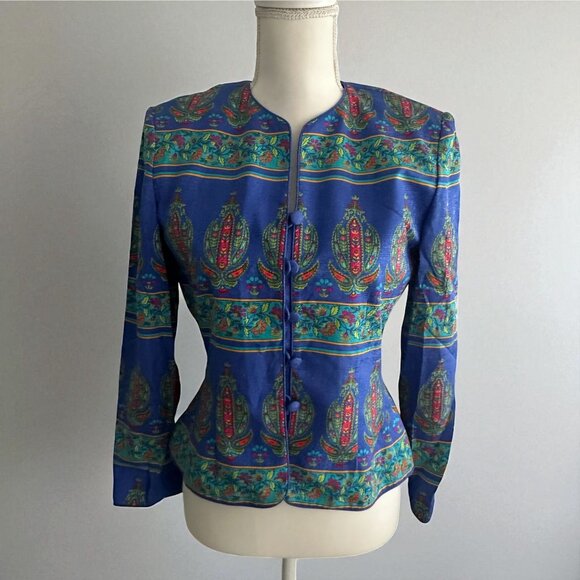 ADRIANNA PAPELL 100% Silk Vintage Patterned Blazer Jacket Size 4P - Picture 1 of 8